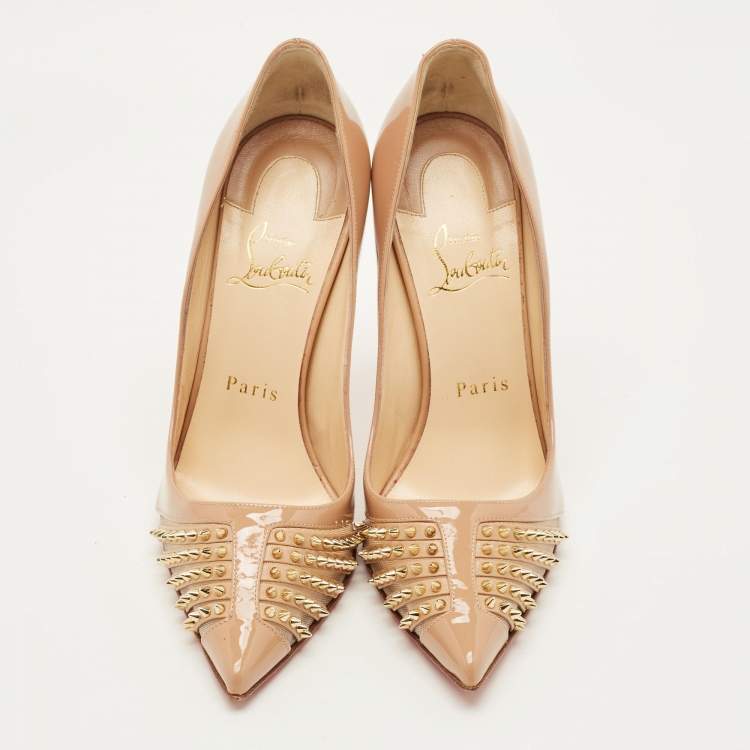 Pre Owned Christian Louboutin Bareta Size 36.5 Beige Patent Leather and Mesh Pumps