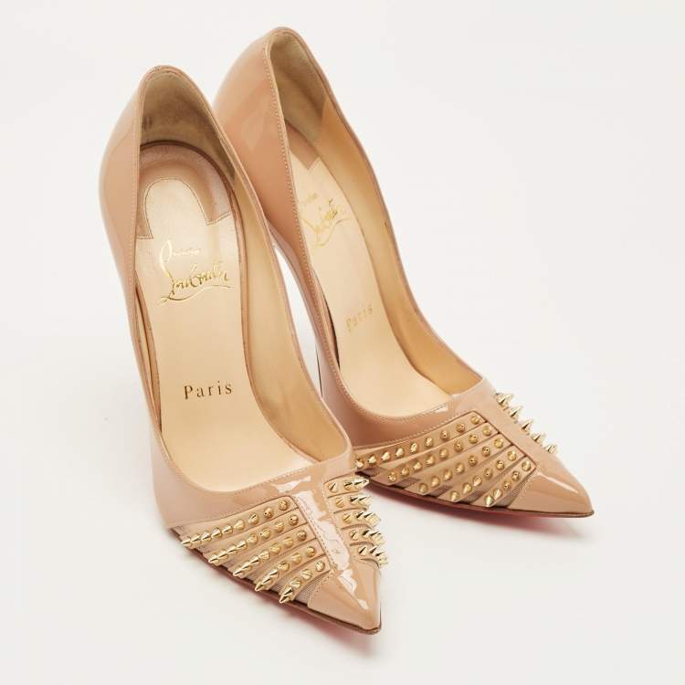 Pre Owned Christian Louboutin Bareta Size 36.5 Beige Patent Leather and Mesh Pumps