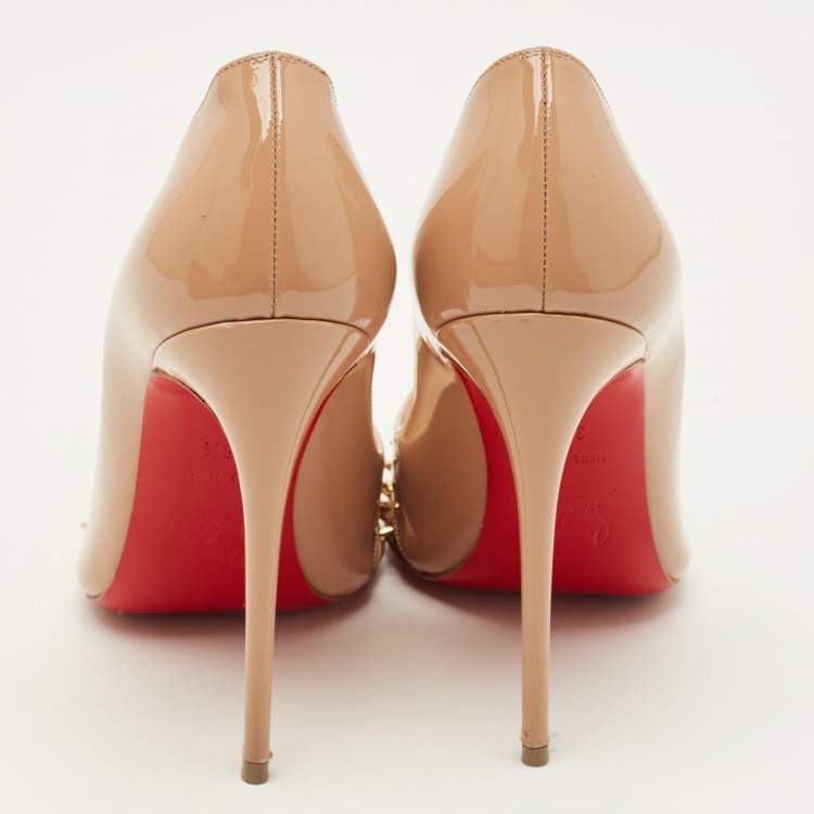 Pre Owned Christian Louboutin Bareta Size 36.5 Beige Patent Leather and Mesh Pumps