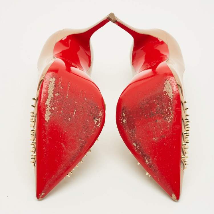 Pre Owned Christian Louboutin Bareta Size 36.5 Beige Patent Leather and Mesh Pumps