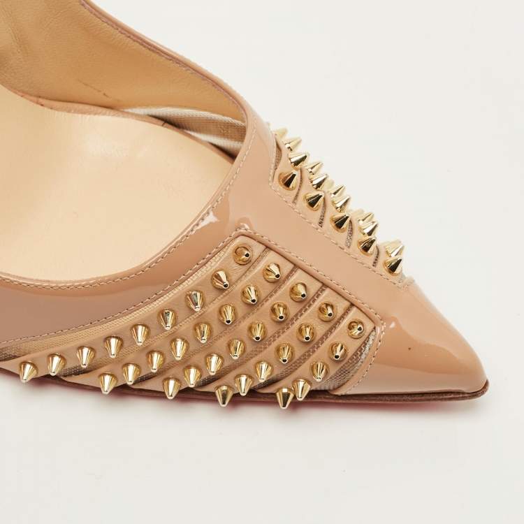 Pre Owned Christian Louboutin Bareta Size 36.5 Beige Patent Leather and Mesh Pumps