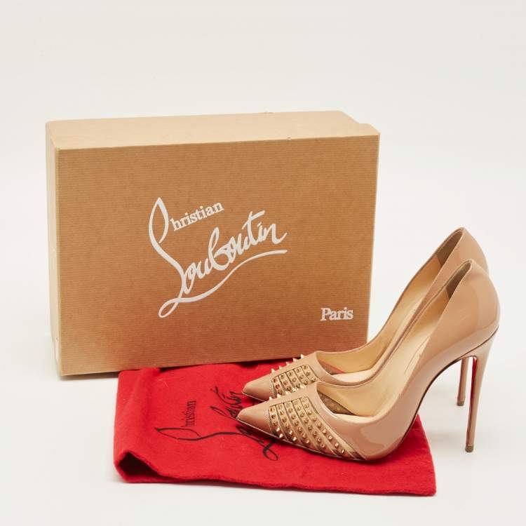 Pre Owned Christian Louboutin Bareta Size 36.5 Beige Patent Leather and Mesh Pumps