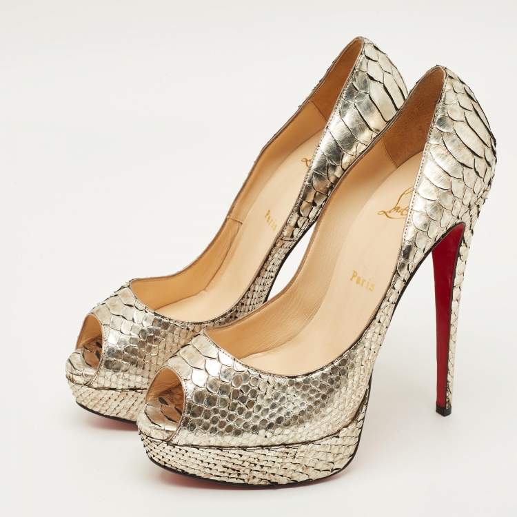 Pre Owned Christian Louboutin Lady Peep Size 41 Silver Python Leather Peep Toe Pumps