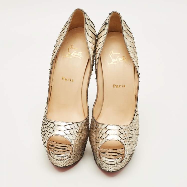 Pre Owned Christian Louboutin Lady Peep Size 41 Silver Python Leather Peep Toe Pumps
