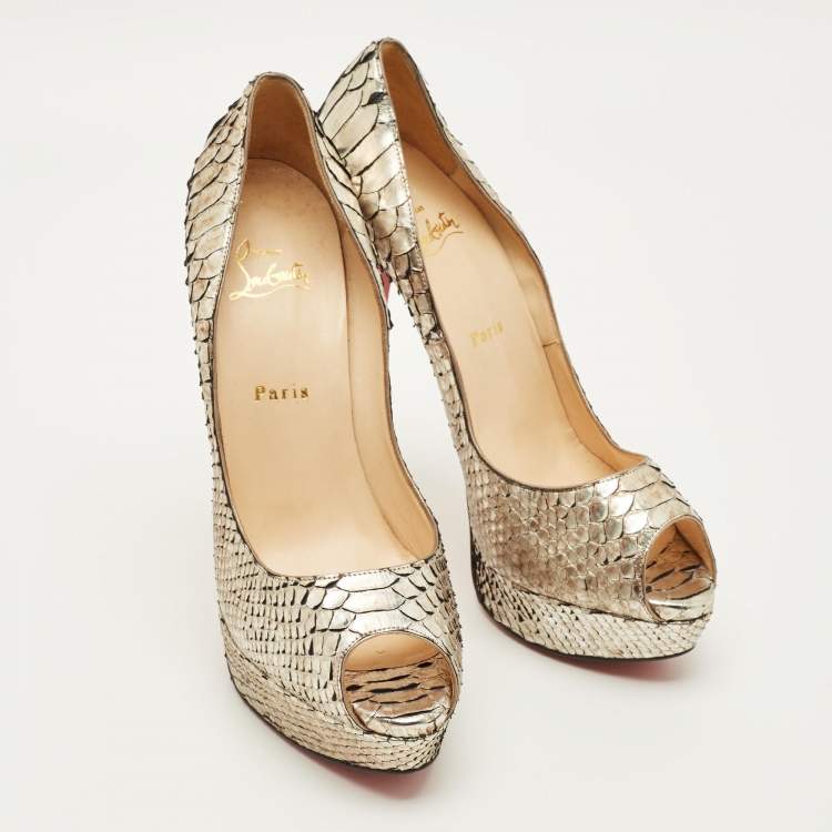 Pre Owned Christian Louboutin Lady Peep Size 41 Silver Python Leather Peep Toe Pumps