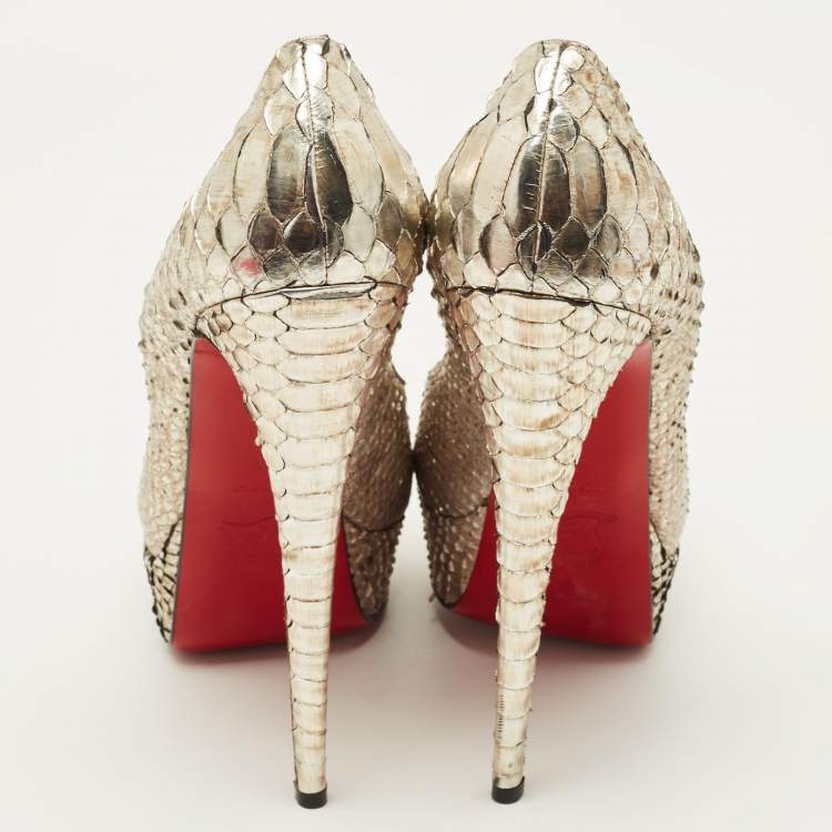 Pre Owned Christian Louboutin Lady Peep Size 41 Silver Python Leather Peep Toe Pumps