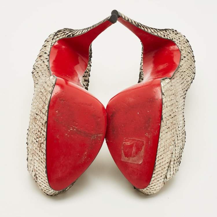 Pre Owned Christian Louboutin Lady Peep Size 41 Silver Python Leather Peep Toe Pumps