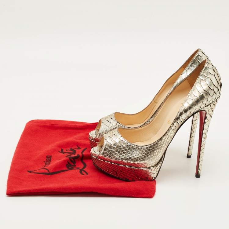 Pre Owned Christian Louboutin Lady Peep Size 41 Silver Python Leather Peep Toe Pumps