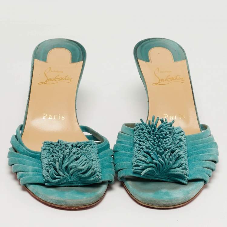 Pre Owned Christian Louboutin Belbrossa Size 38.5 Blue Suede Fringe Trim  Slide Sandals