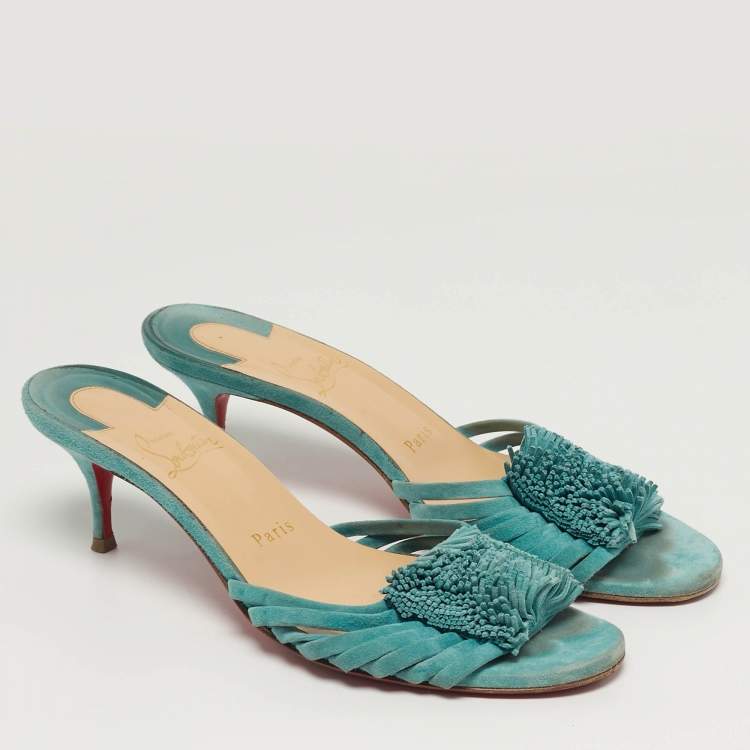 Pre Owned Christian Louboutin Belbrossa Size 38.5 Blue Suede Fringe Trim  Slide Sandals