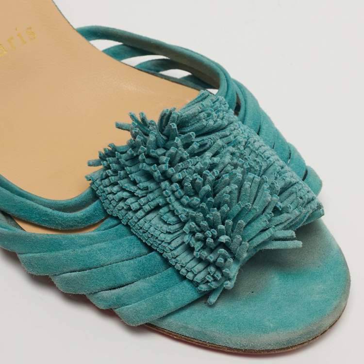 Pre Owned Christian Louboutin Belbrossa Size 38.5 Blue Suede Fringe Trim  Slide Sandals