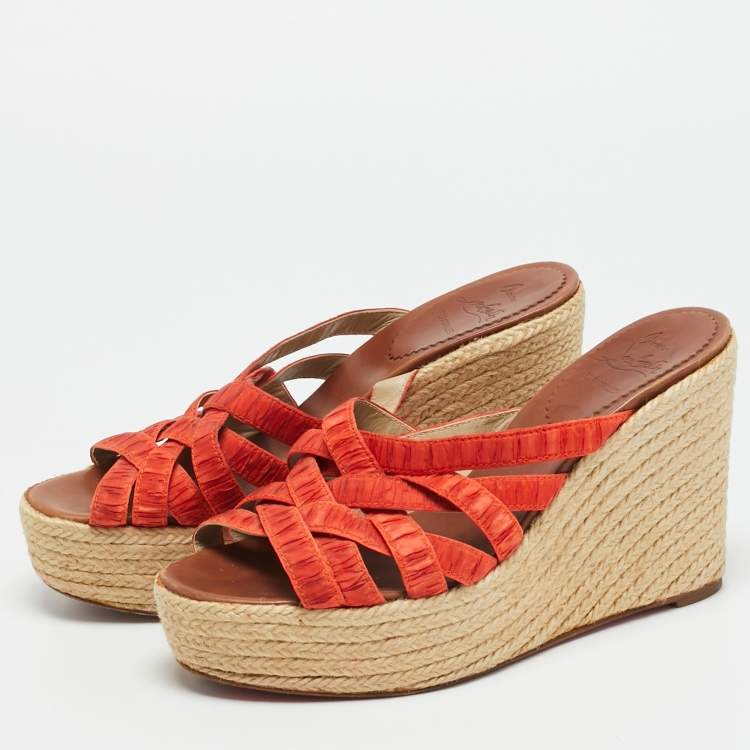 Pre Owned Christian Louboutin Delfin Size 38 Orange Fabric Wedge Sandals