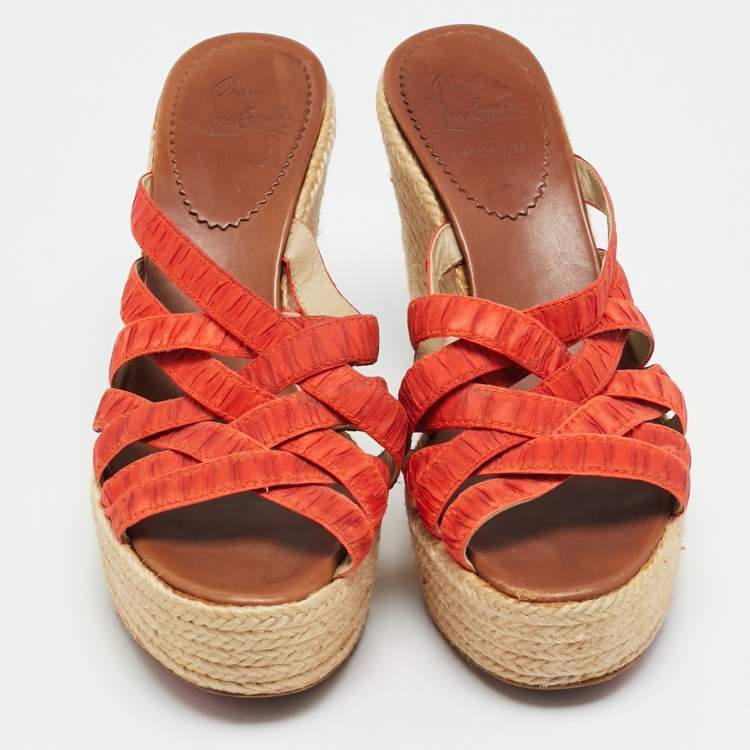 Pre Owned Christian Louboutin Delfin Size 38 Orange Fabric Wedge Sandals