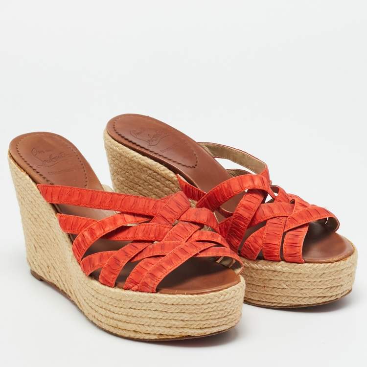 Pre Owned Christian Louboutin Delfin Size 38 Orange Fabric Wedge Sandals