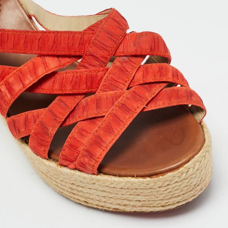 Pre Owned Christian Louboutin Delfin Size 38 Orange Fabric Wedge Sandals