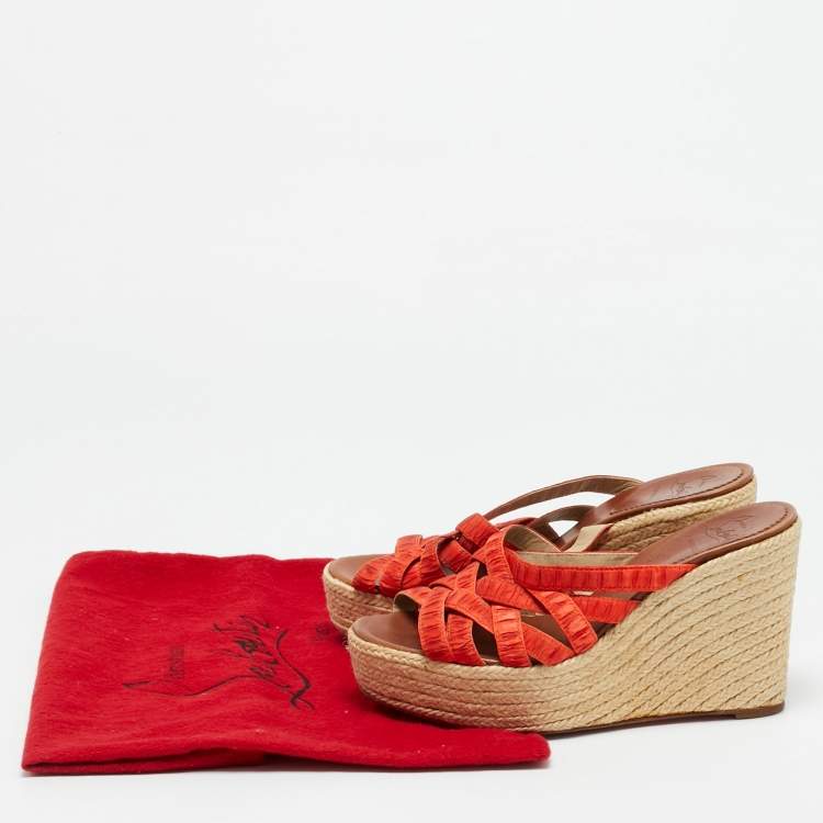 Pre Owned Christian Louboutin Delfin Size 38 Orange Fabric Wedge Sandals