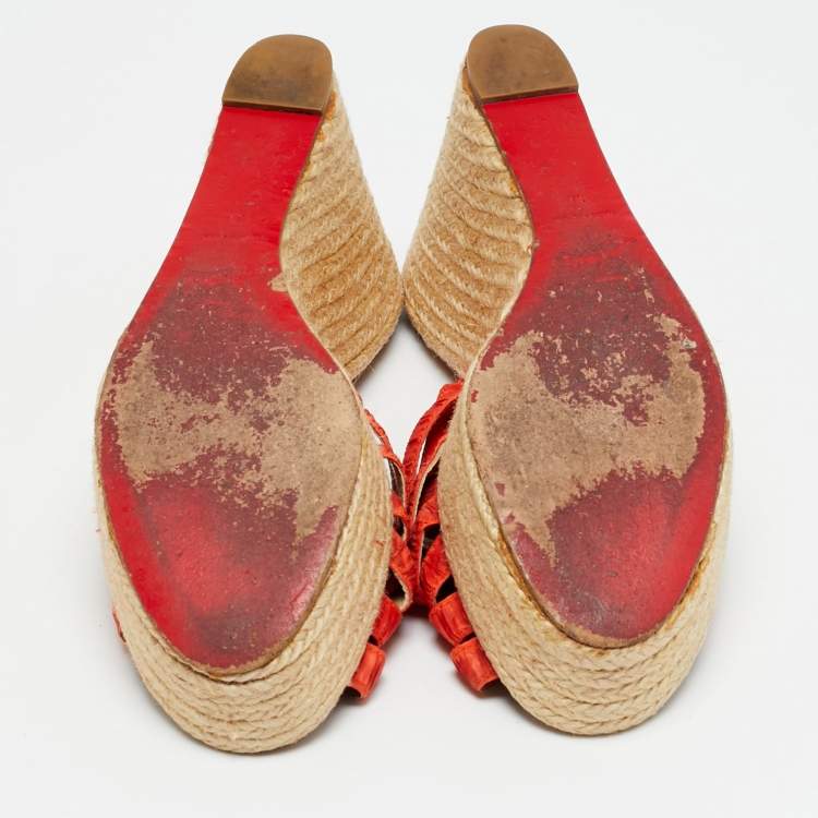 Pre Owned Christian Louboutin Delfin Size 38 Orange Fabric Wedge Sandals