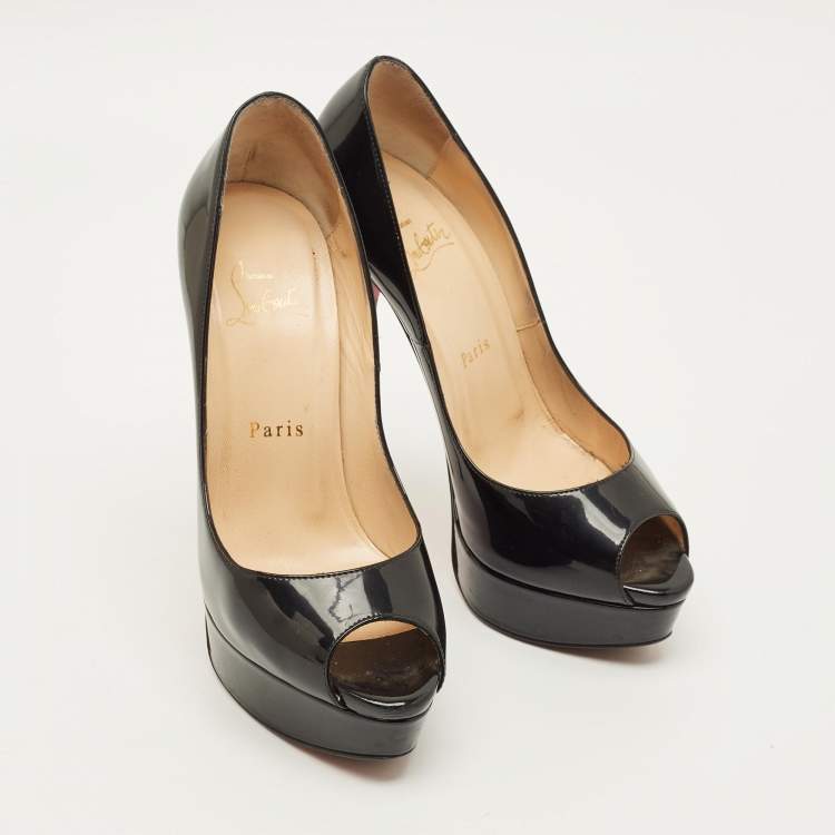 Pre Owned Christian Louboutin Lady Peep Size 37 Black Patent Leather Platform Pumps