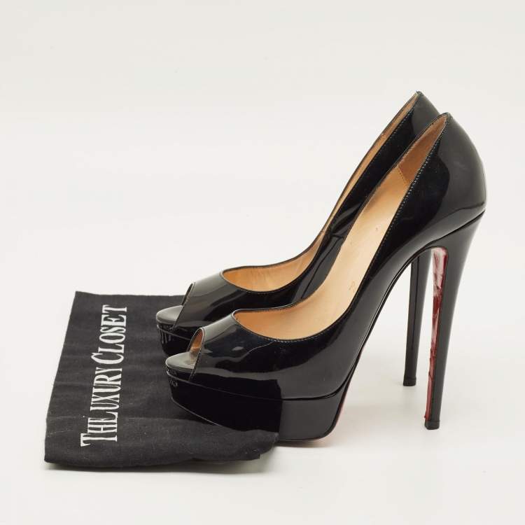 Pre Owned Christian Louboutin Lady Peep Size 37 Black Patent Leather Platform Pumps