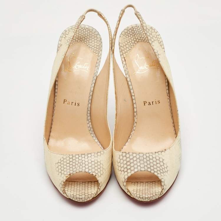 مملوكة مسبقًا Christian Louboutin Private Number Size 40 Cream/Grey Snakeskin Leather Peep Toe Slingback Pumps