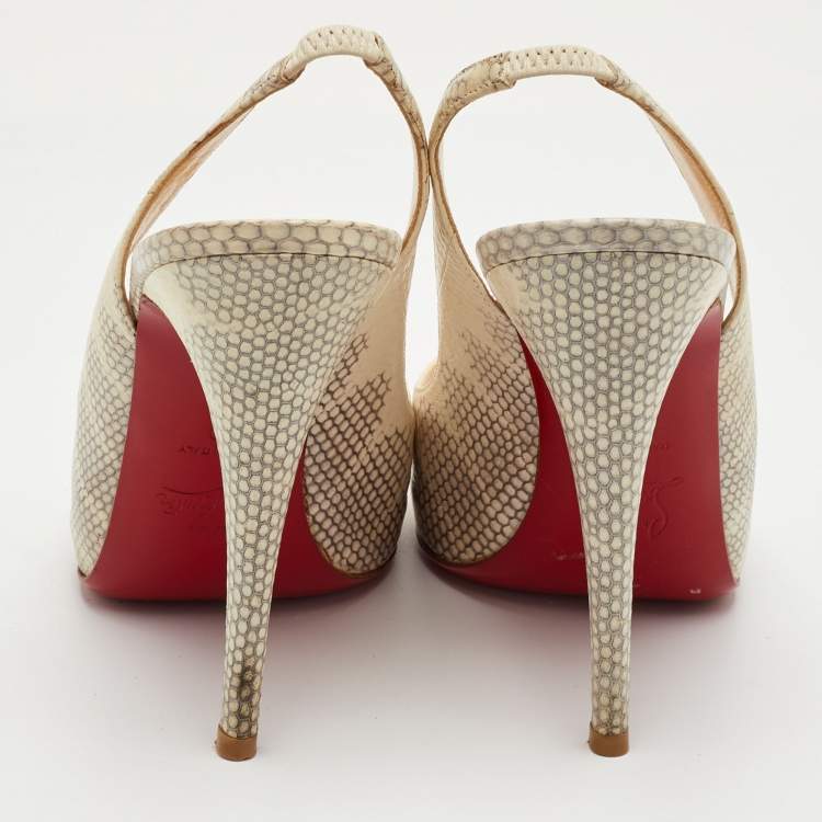 مملوكة مسبقًا Christian Louboutin Private Number Size 40 Cream/Grey Snakeskin Leather Peep Toe Slingback Pumps