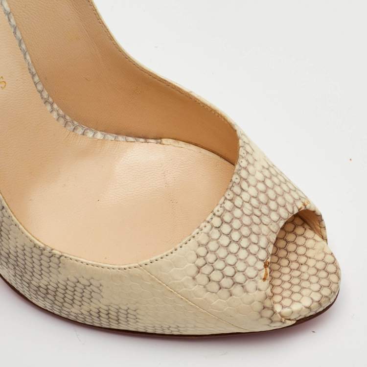 مملوكة مسبقًا Christian Louboutin Private Number Size 40 Cream/Grey Snakeskin Leather Peep Toe Slingback Pumps