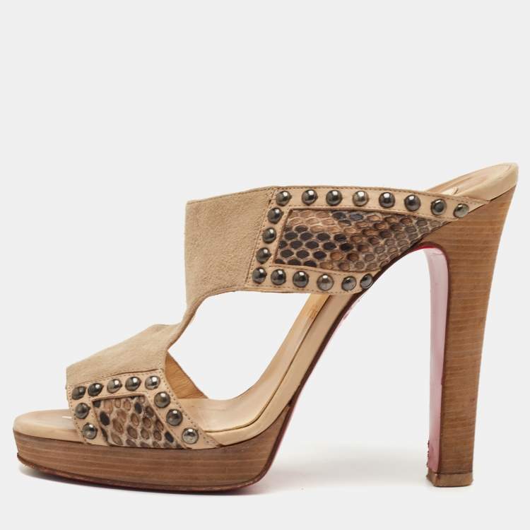 Pre Owned Christian Louboutin Hassaneta Size 38.5 Beige Leather and Suede Platform Sandals
