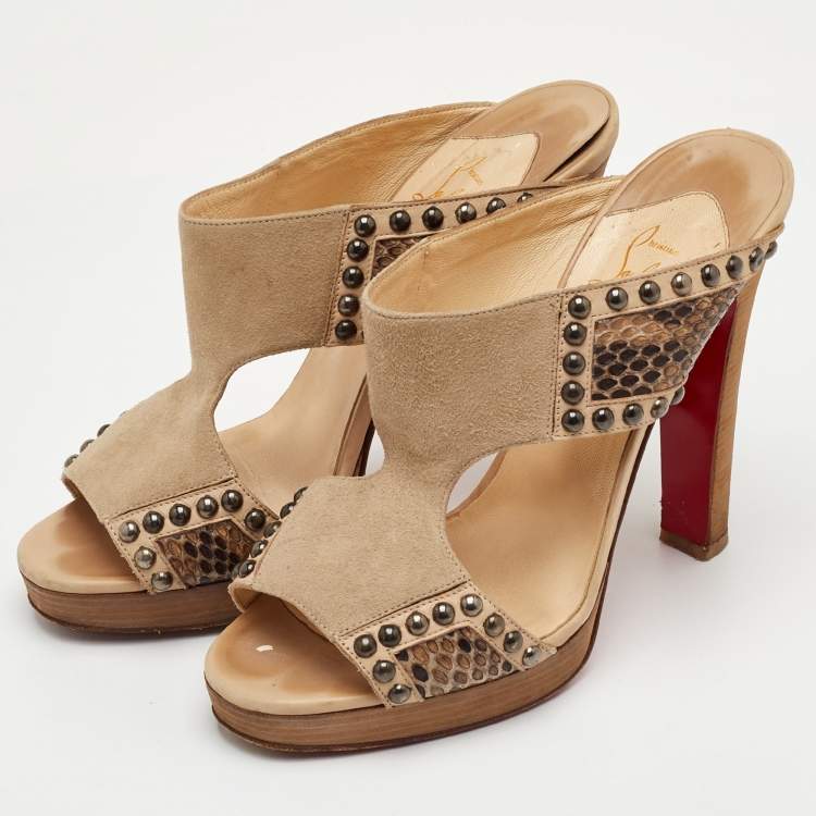 Pre Owned Christian Louboutin Hassaneta Size 38.5 Beige Leather and Suede Platform Sandals