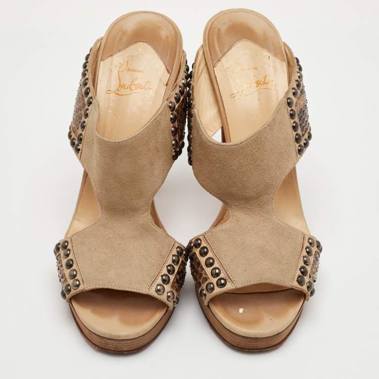 Pre Owned Christian Louboutin Hassaneta Size 38.5 Beige Leather and Suede Platform Sandals