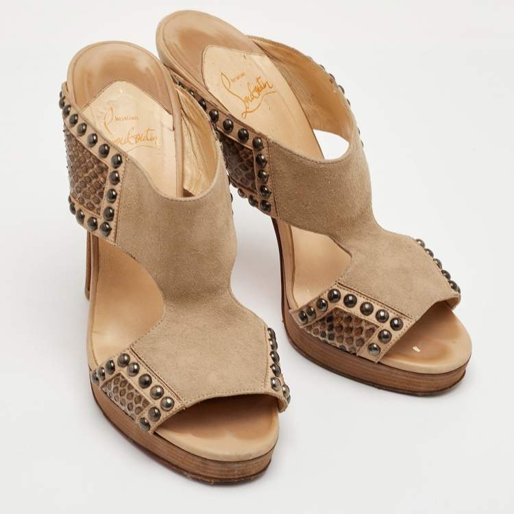 Pre Owned Christian Louboutin Hassaneta Size 38.5 Beige Leather and Suede Platform Sandals