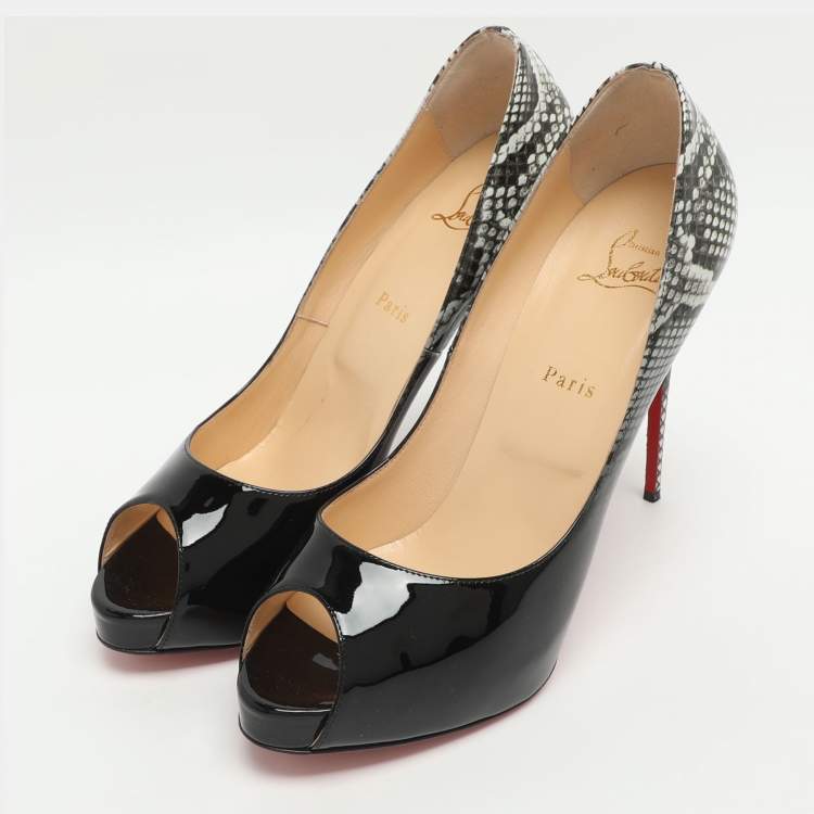 مملوكة مسبقًا Christian Louboutin New Very Prive Size 42 Black/Grey Snake Print Patent Leather Peep Toe Pumps