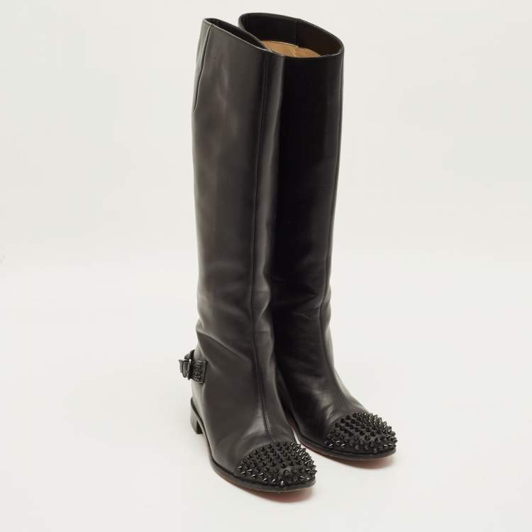 Pre Owned Christian Louboutin Egoutina Size 39.5 Black Leather Knee Length Boots