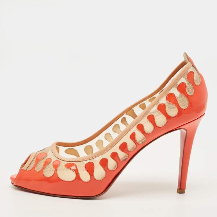 Pre Owned Christian Louboutin Size 41 Orange/Beige Mesh and Patent Leather Peep Toe Pumps