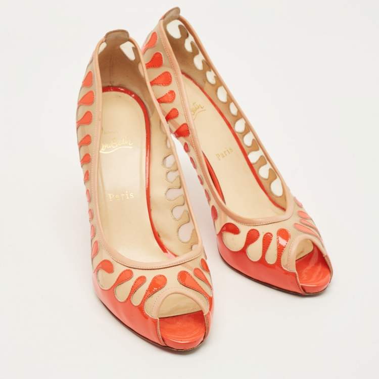 Pre Owned Christian Louboutin Size 41 Orange/Beige Mesh and Patent Leather Peep Toe Pumps