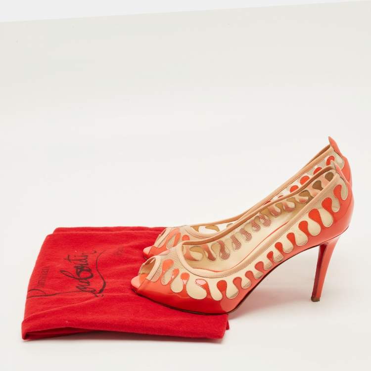 Pre Owned Christian Louboutin Size 41 Orange/Beige Mesh and Patent Leather Peep Toe Pumps