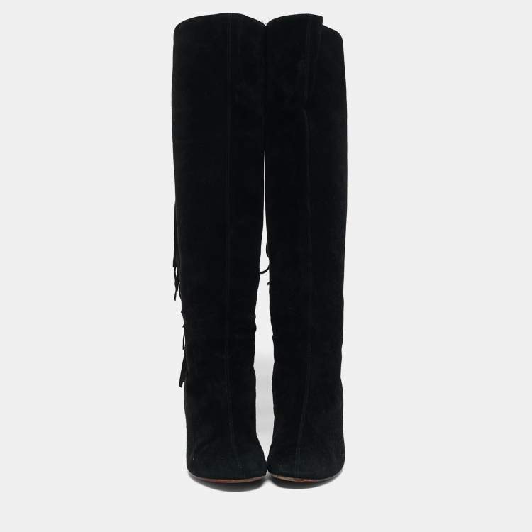 Pre Owned Christian Louboutin Size 37 Black Suede Fringe Knee Length Boots
