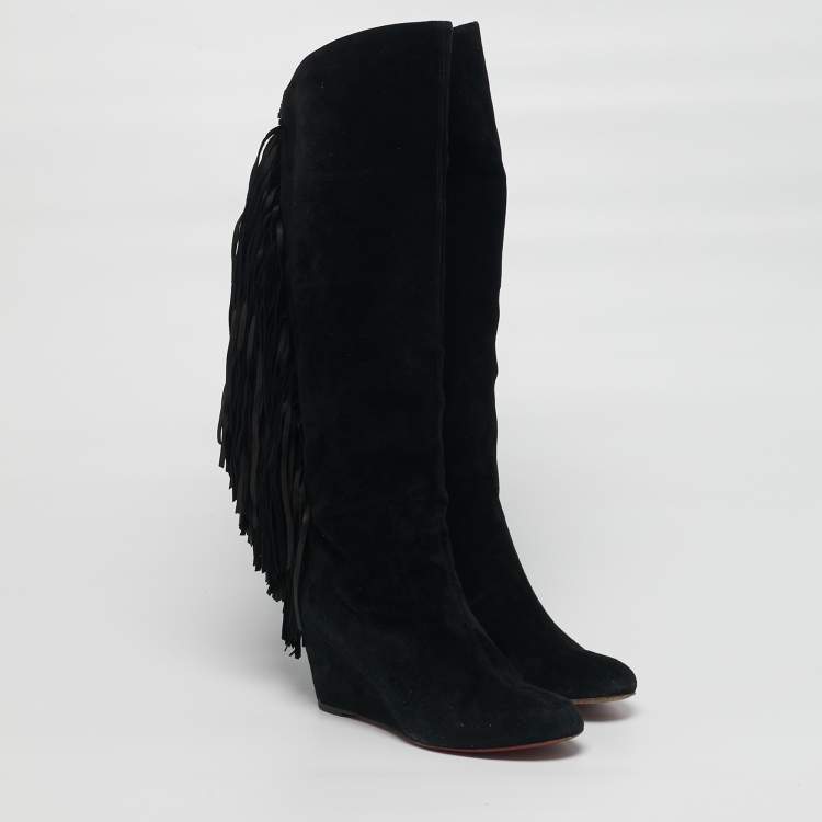 Pre Owned Christian Louboutin Size 37 Black Suede Fringe Knee Length Boots