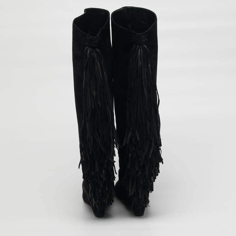 Pre Owned Christian Louboutin Size 37 Black Suede Fringe Knee Length Boots
