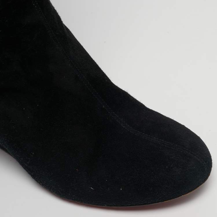 Pre Owned Christian Louboutin Size 37 Black Suede Fringe Knee Length Boots