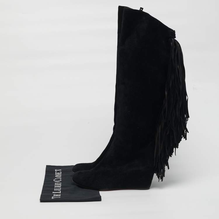 Pre Owned Christian Louboutin Size 37 Black Suede Fringe Knee Length Boots
