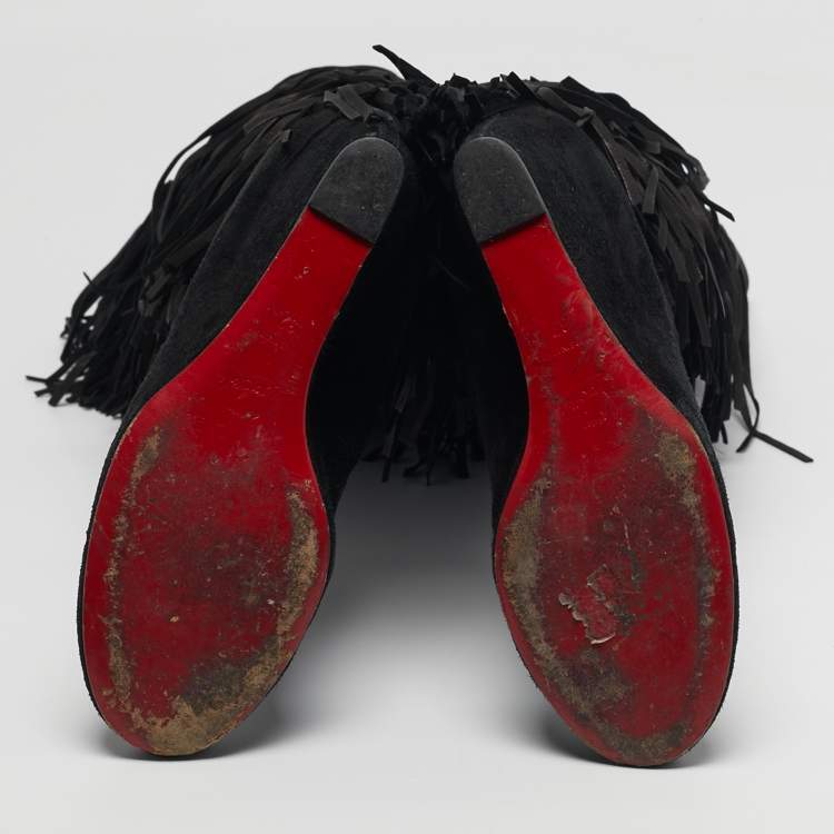 Pre Owned Christian Louboutin Size 37 Black Suede Fringe Knee Length Boots
