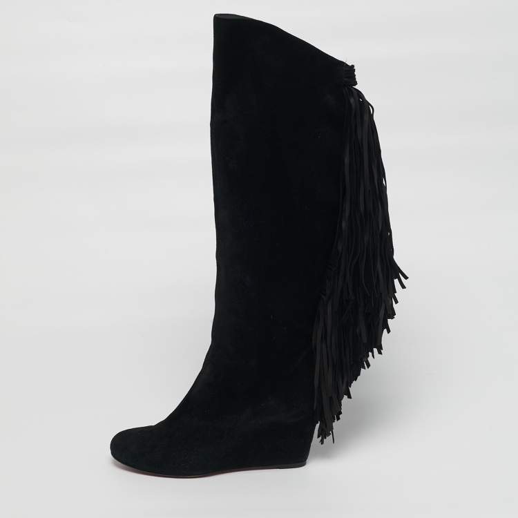 Pre Owned Christian Louboutin Size 37 Black Suede Fringe Knee Length Boots