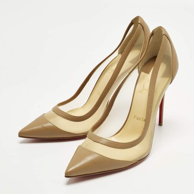 Pre Owned Christian Louboutin Galativi Strass Size 40.5 Beige Leather and Mesh Pumps