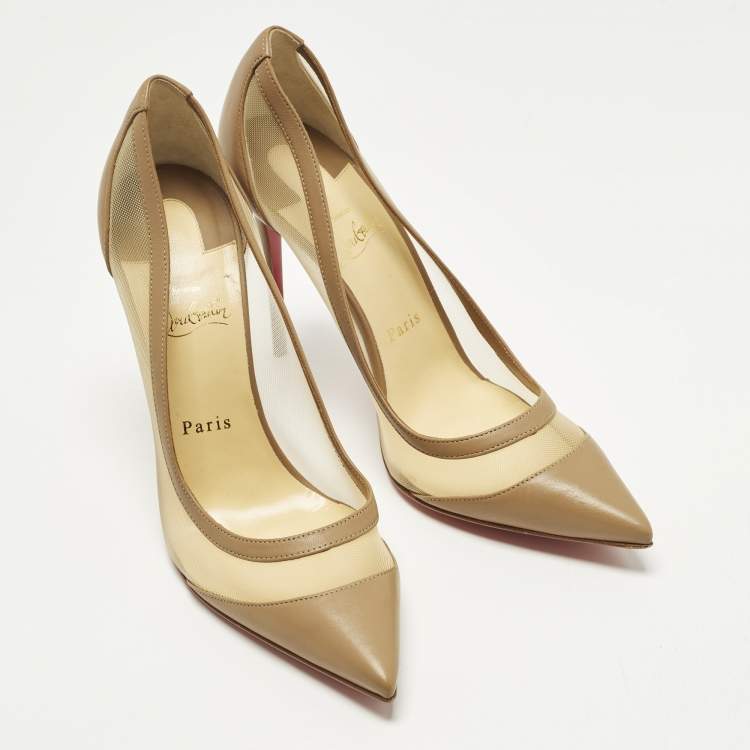 Pre Owned Christian Louboutin Galativi Strass Size 40.5 Beige Leather and Mesh Pumps