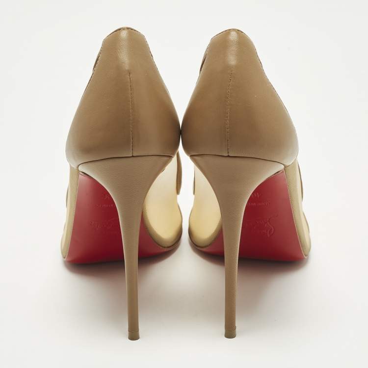 Pre Owned Christian Louboutin Galativi Strass Size 40.5 Beige Leather and Mesh Pumps