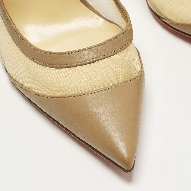 Pre Owned Christian Louboutin Galativi Strass Size 40.5 Beige Leather and Mesh Pumps