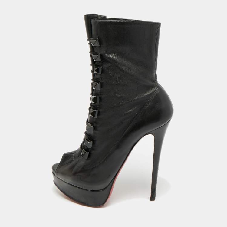 Pre Owned Christian Louboutin Alta Bouton Size 37.5 Black Leather Ankle Length Boots