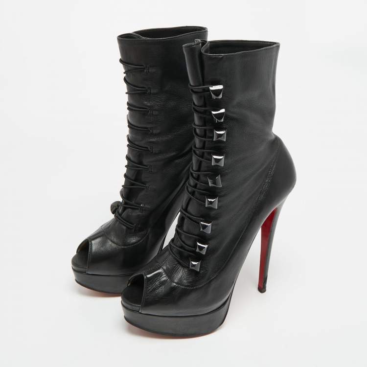 Pre Owned Christian Louboutin Alta Bouton Size 37.5 Black Leather Ankle Length Boots