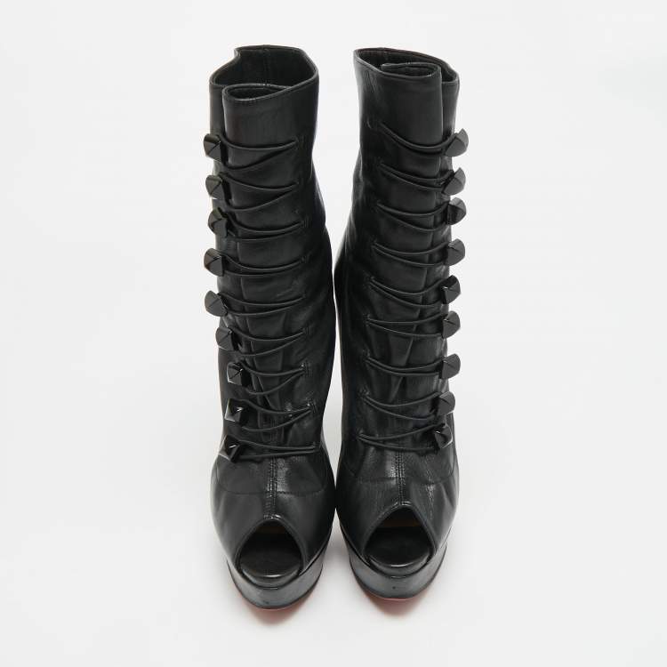 Pre Owned Christian Louboutin Alta Bouton Size 37.5 Black Leather Ankle Length Boots