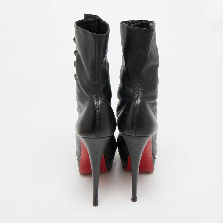Pre Owned Christian Louboutin Alta Bouton Size 37.5 Black Leather Ankle Length Boots
